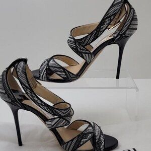 Jimmy Choo Lottie Patent Leather and Raffia Sandals Size 38.5